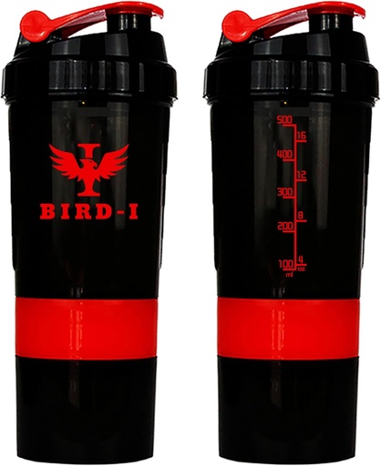 [BRSRAZYOAV7B42TP] BIRDI Gym Protein Shaker, 3-in-1, 500ml / 16.9oz, BPA-Free, Metal Mixer. (RED), JT4101