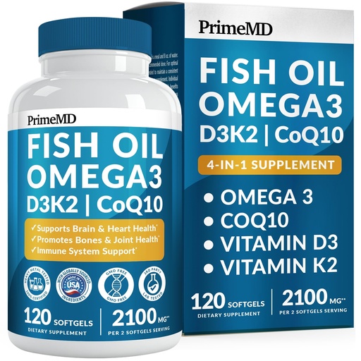 [BRSROAL7CR6GYFD3] 4-in-1 Fish Oil Omega 3 Fatty Supplements (2100mg) - Omega 3 Fish Oil with Vitamins D3 K2 and CoQ10 - Lemon Flavored (120 softgels)
