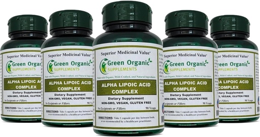 [BRSRMYDQOJ5QODLH] Green Organic Supplements' Alpha Lipoic Acid Complex, ALA, 90 VCaps Alpha Lipoic Acid Capsules (Pack of 5)