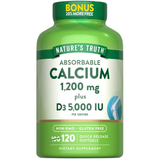 [BRSWGBIBDEMRYAIY] Nature's Truth Absorbable Calcium 1200 mg with Vitamin D3 5000 IU | 120 Softgels | Calcium Carbonate | Non-GMO & Gluten Free Supplement