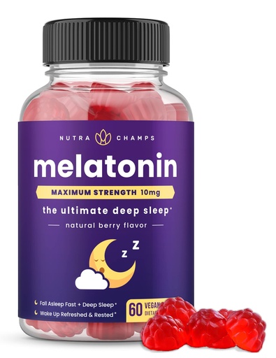 [BRSW2HAECINGC2Q7] NutraChamps Melatonin Gummies for Adults, Extra Strength Sleep Aid Vitamins, 5mg or 10mg Dose, Vegan Natural Strawberry Flavor Supplement for Better Sleep, Healthy Sleep Cycles, 60 Gummies