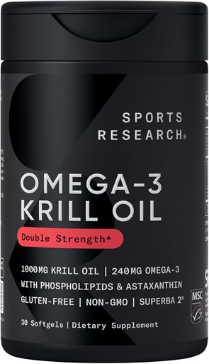 [BRSWYZAYOIBBSDY7] Sports Research Krill Oil Supplement with EPA & DHA Omega 3, Phospholipids & Astaxanthin from Antarctic Krill - Highest Concentration of Krill Oil for Men &amp; Women - 1000mg, 30 Softgel Capsules