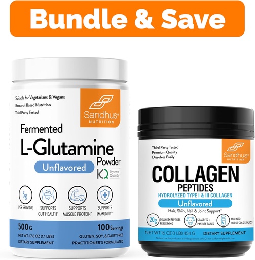[BRSROCQ5CN5GE3TX] Sandhu's L-Glutamine Powder 100 Servings, 500g, 17.6 Oz., Large Size, 3 Months Supply & Collagen Peptides Powder | Supports Muscle, Gut Health, Youthful Skin, Hair, Nails & Mobility