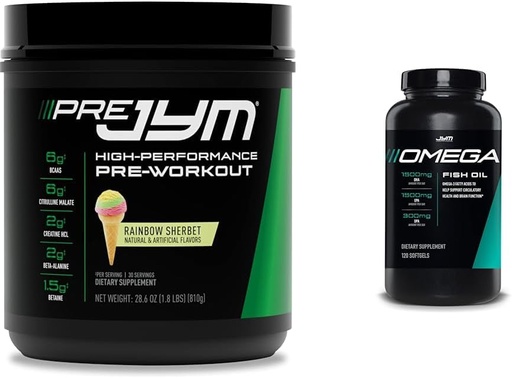 [BRSRAYYYCUCRA3TH] JYM Supplement Science Pre Jym Rainbow Sherbet 30 Σερβίρισμα & Omega JYM ιχθυέλαιο 2800mg 120 Softgels