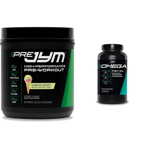 [BRSRAYYYCUCRA3TH] JYM Supplement Science Pre Jym Rainbow Sherbet 30 Servings & Omega JYM Fish Oil 2800mg 120 Softgels