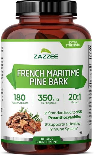 [BRSW2EAEOF7B4AD2] Zazzee Extra Strength French Maritime Pine Bark 20:1 Extract, 350 mg Per Capsule, 180 Vegan Capsules, 95% Proanthocyanidins, Kosher, 6 Month Supply, Standardized 20X Extract, Non-GMO, Made in The USA