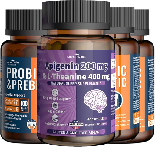 [BRSRAGAHB4DWG2D3] 100 Miliard Probiotyki dla Gut & Immune Health, Apigenin 200mg z L- Theanine 400mg dla Relaxation & Stress Support Agregates 124; 27 Szczepy, Wegan, Non-GMO 180Caps + 60 Veggie Caps