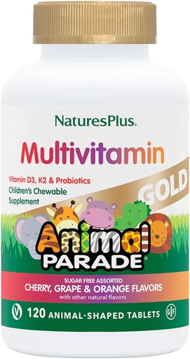 [BRSWKF36BN4BUF3C] NaturesPlus Animal Parade Gold Детски мултивитамини - Асорти Череша, Портокалов и гроздови аромати - 120 Хавлиени таблетки, пакет от 4 - Веган, без глутен - 240 Общо Сервиз