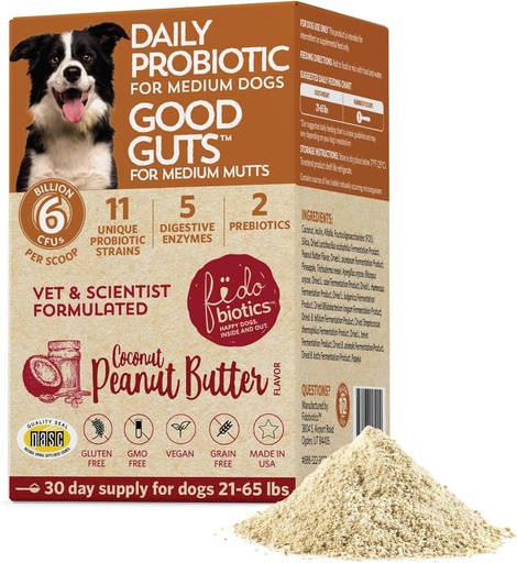 [BRSWGZYDCEMAYHTA] Fidobiotics Good Guts for Medium Mutts Probiotic for Dogs, 6 Billion CFUs, 11 Strains, 5 Digestive Enzymes, 2 Prebiotics, Digestive Gut Health for Dogs, Adult & Puppy Probiotics Supplements (30 Days)