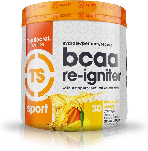 [BRSWKHY3DEORUADA] Top Secret Nutrition BCAA Re-Igniter Vegan Amino Acid Supplement with Astaxanthin and Electrolyte, Hydration Blend with Coconut water, 9.84 oz (30 servings), Pineapple Mango