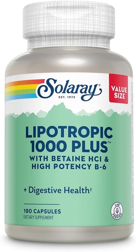 [BRSWKYQGCUPQIGY7] SOLARAY Lipotropic 1000 Plus Betaine HCl & High Potency B-6, Digestio osasungarria, Energia eta Metabolismo Lodiaren euskarria, Konplexu Lipotropikoa Plus Aloe Vera, 60 eguneko bermea, 30 zerbitzu, 180 kapsula