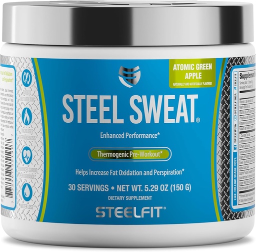 [BRSWGFA5CIJQA3D4] SteelFit Steel Sweat Fat-Burning Pre Workout | Boost Metabolism, Increase Energy, Burn Fat & Calories | Green Apple, 30 Servings