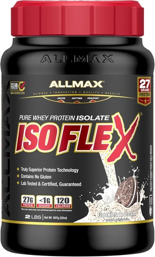 [BRSWKGQGBMOBKE3A] ALLMAX Nutrizioa ISOFLEX Whey Protein Isolate, Cookies & Cream - 2 lb - 27 Grams of Protein Scoop - Zero Fat & Sugar - 99% Lactose Free - Gluten Free & Soy Free - 30 zerbitzatu gutxi gorabehera