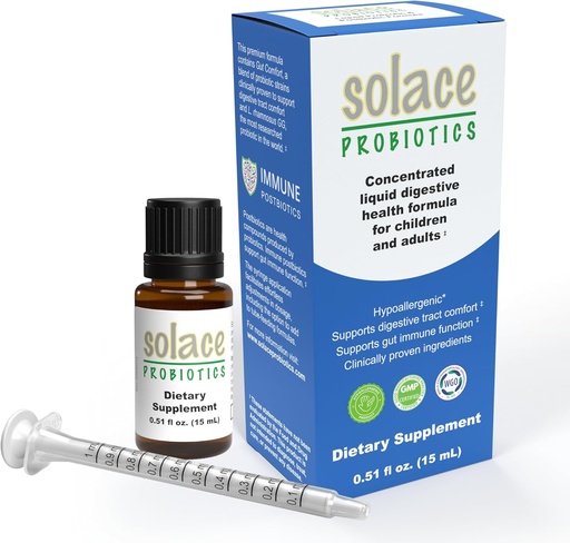 [BRSRAFQYDF5GYAI6] Solace Probiotics Liquid Formula for Adults and Kids - Concentrated Blend for Digestive Health and Immunity, Clinically Researched, Easy Syringe Application, Hypoallergenic - 15mL