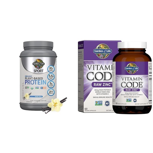 [BRSROCYOPMPBMDTA] Garden of Life Organic Vegan Sport Protein Powder, Vanilla - Probiotics, BCAAs, 30g Plant Protein & Zinc Supplements 30mg High Potency Raw Zinc and Vitamin C Multimineral Supplement