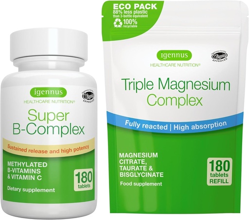 [BRSRMGQNBBYWAH3B] Super B-Complex 180 Tablets + Triple Magnesium Complex 180 Tablets Vegan Bundle, Methylated Sustained Release B Complex + High Absorption Chelated Magnesium Glycinate, Taurate & Citrate, by Igennus
