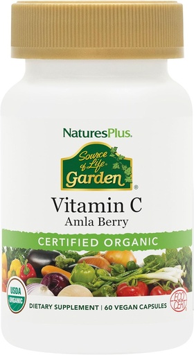 [BRSWIZT3A4GA2HTA] Naturezas Plus Fonte de Vida Jardim Certified Vitamina C Orgânica - 500 mg, 60 Cápsulas Vegan - Suplemento de suporte imunológico de alimentos inteiros, Antioxidante - Vegetariano, Sem glúten - 30 Servings
