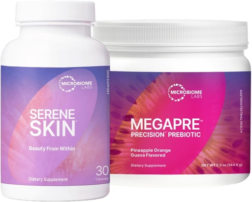 [BRSRMYL3CUIRE232] Microbiome Labs Skin Support Bundle - SereneSkin Clear Skin Probiotic Supplement Shown to Help Reduce Fine Lines (30 kapsulak) - Mega Prebiotikoak Gut Healtherako (2.1oz)