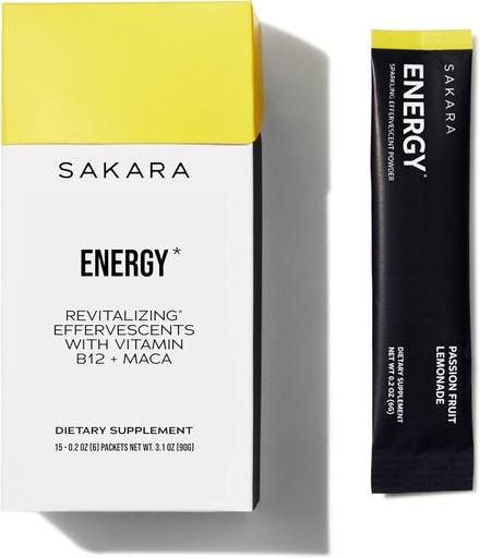 [BRSROEIYBF7RAET5] SAKARA Energy Effervescents, 15 Packets - Refined Sugar Free Electrolytes Powder Packets with Vitamin B12 & L Theanine, Flavored Water Packets, Hydration Powder, Energy Drink Electrolyte Powder