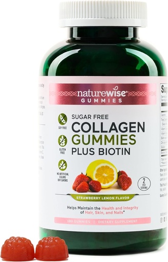 [BRSRA2Y3AAFWE3TU] NatureWise Collagen Gummies - Sugar-Free Hydrolyzed Collagen Gummies - Type 1 & 3 Peptides for Women + Biotin, Vitamin C, E, & Zinc for Hair Skin and Nails Support - 180 Count[3-Month Supply]