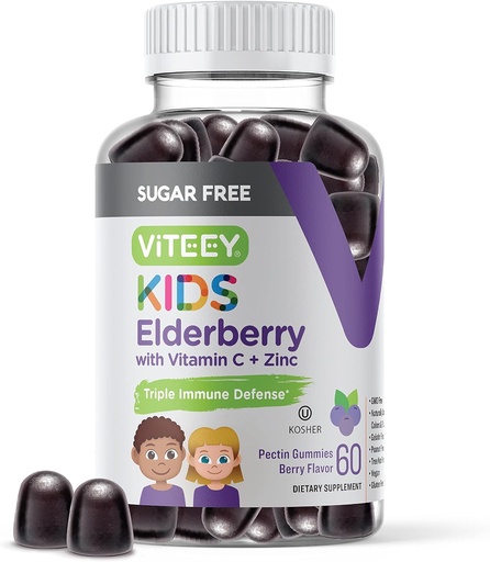 [BRSRMGT4PIPWKDYV] Viteey Sambucus Elderberry Gummies for Kids - Sugar Free - Immune Support Supplements with Vitamin C & Zinc, [3-1 Immune Booster] Vegan, Gelatin Free, Gluten Free - Tasty Chewable Berry Flavored