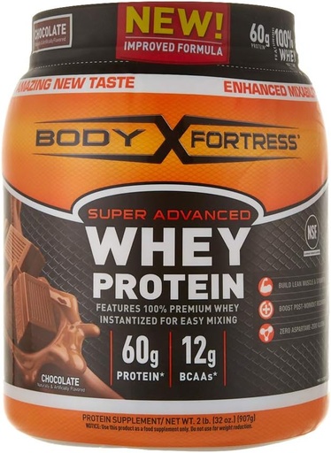 [BRSWIAYDOQIRWCA5] Body Fortress Super Advanced Whiy Protein Powder, Chocolate Flavored, Gluten Free, 2 Lb