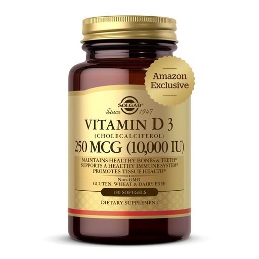 [BRSWYGABOQAROGY4] Solgar Vitamin D3 Cholecalciferol 250 MCG 10000 IU Softgels Helps Maintain Healthy Bones Teeth Immune System Support Non-GMO Gluten, Dairy Free Servings, 180 Count