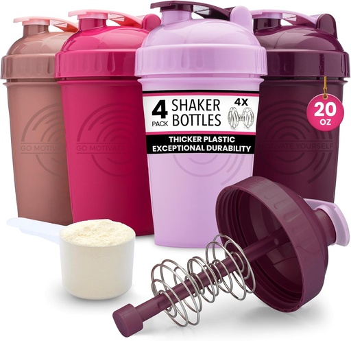 [BRSRMBAROYNGM3Q6] GOMOYO [4-Pack] 20-Ounce Shaker Bottle | Protein Shaker Bottle with Action-Rod Wire Mixer | Shaker Cups are BPA Free and Dishwasher Safe | Rose, Plum, Raspberry, & Lavender