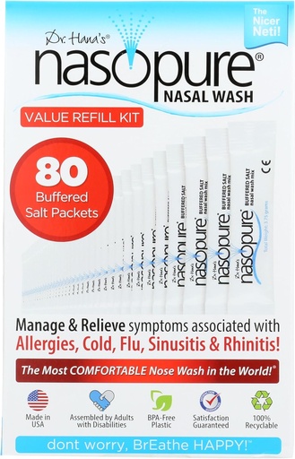 [BRSWGZTYA4NQIGYY] Nasopure Nasal Wash, Value Refill Kit, “The Nicer Neti Pot” Sinus Wash Kit, Comfortable Nasal Rinse 80 Salt Packets (3.75 Grams Each), Nasal Congestion, Cold, Flu, Allergy, Nasal Irrigation System
