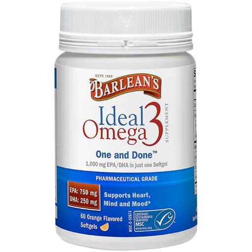 [BRSWIEA3OAJRCCAZ] Barlean's Ideal Omega 3 Fish Oil Supplement, 1,000 mg Softgels, Pharmaceutical Grade EPA & DHA for Brain, Joint, & Heart Health, Orange Flavor, 60 ct