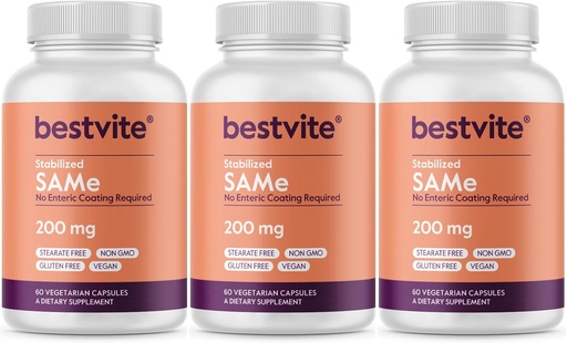 [BRSWGHATOFYBOGT2] BESTVITE SAM-e 200mg Estabilizado (180 cápsulas vegetarianas) (3-Pack) - Ingrediente Premium de Italia que contiene más del 75% (SS) SAM-e, el nivel más activo disponible
