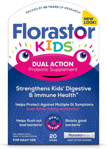 [BRSWECT2CAHQGG32] Florastor Kids Dual Action Probiotic Supplement, Strengthens Kids' Digestive & Immune Health, 20 Easy-to Mix Powder Sticks, Packaging May Vary