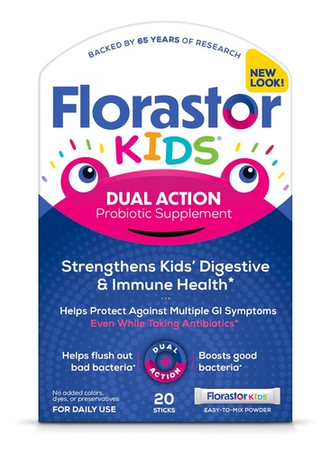 [BRSWECT2CAHQGG32] Florastor Kids Dual Action Probiotic Supplement, Strengthens Kids' Digestive & Immune Health, 20 Easy-to Mix Powder Sticks, Packaging May Vary