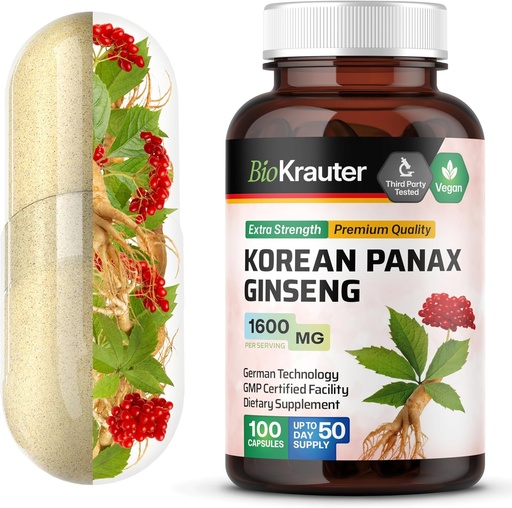 [BRSWGBTQOIHGKETV] BIO KRAUTER Koreański Czerwony Ginseng Kapsułki - 1600 mg Moc - 100 Hrabia - Koreański Panax Ginseng Suplement - Wegański Suplement immunologiczny
