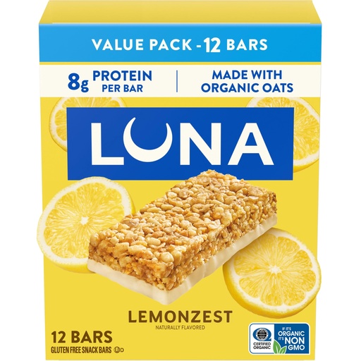 [BRSWGATRAEFQAHLX] LUNA Bar - LemonZest Flavor - Gluten Free Snack Bars - Non-GMO - Protein Bars - Made with Organic Oats - Value Pack (12 Pack)