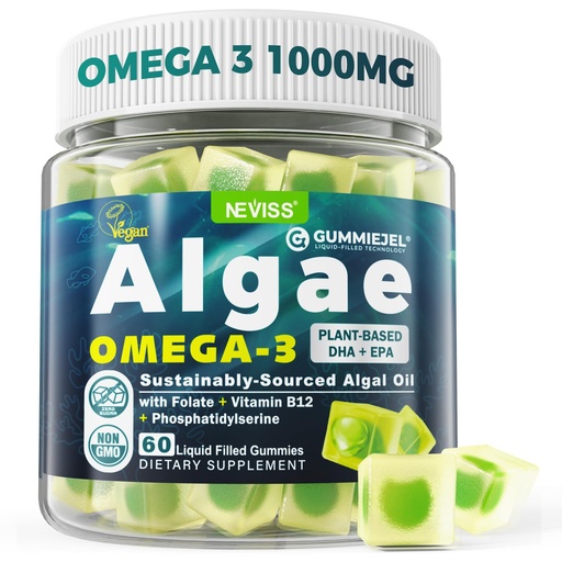 [BRSROELYBANAGH3K] Vegan Omega-3 Gummies for Adults, Fish Oil Alternative from Algae Oil, Plant Based DHA 460mg & EPA 230mg Plus MethylFolate, Vitamin B12, Phosphatidylserine, No Fishy Taste, Vegan, Sugar Free, 60 Cts