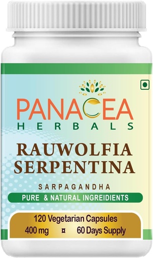 [BRSWGZYCAEFAIHIV] Panacea Herbals Rauwolfia Serpentina Capsules (120 Counter 400mg Veg Caps) Sarpagandha Vati,印度蛇根草增刊