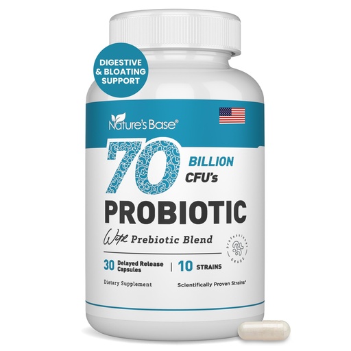 [BRSWYYIDBYMWAALJ] Nature's Base Probiotics 70 Billion CFU - 10 Strains Including Lactobacillus Plantarum & Lactobacillus Acidophilus Probiotic - Prebiotics for Women & Men's Digestive Health - 30 Capsules