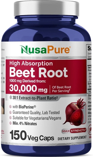 [BRSWGZLQAUPQOFLZ] NusaPure Beet Root 30: 1 Extracto, 1000 mg Equivalente a 30.000 mg 150 tapas Veggie (Vegan, Non-GMO e Vegan 4% Nitratos) Bioperina