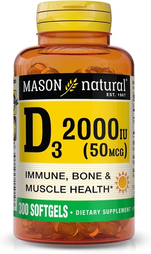 [BRSWIZQQCYGAA2AV] MASON NATURAL Vitamine D3 2 000 UI Ultra Strength, soutient la densité osseuse, la force et la santé immunitaire, 300 Softgels