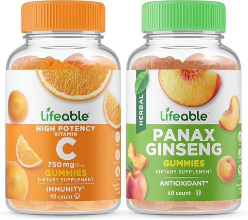 [BRSROZA3PN5GMFA2] Lifeable Vitamin C 750mg + Panax Ginseng, Gummies Bundle - Great Tasting, Vitamin Supplement, Gluten Free, GMO Free, Chewable Gummy
