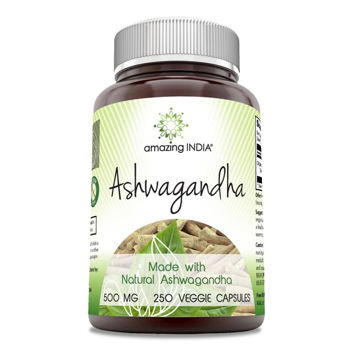 [BRSROGIDPIDRA3YY] Amazing India Natural Ashwagandha | 500 Mg Per Serving | Veggie Capsules | Non-GMO | Gluten Free | Made in USA (250)