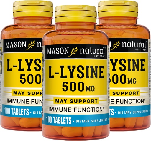 [BRSRMFIEAV4BO3LG] MASON NATURAL L-Lysine 500 mg with Calcium - Improved Immune Function, Enhanced Nutrient Absorption, Essential Amino Acid, 100 Tablets (Pack of 3)