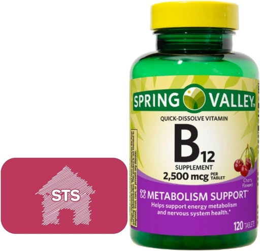 [BRSRMGICDMIW2HIV] Spring Valley - Vitamin B12 Quick-Dissolve Tablets, 2,500 mcg, Cherry Flavor, 120 Count + STS Sticker.