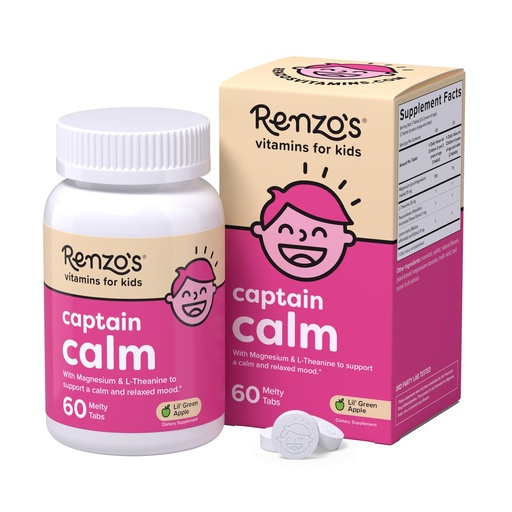 [BRSRAGLQCQFBME3U] Renzo's Captain Calm Kids Magnesium Supplement with L-Theanine, Dissolvable Kids Vitamins for Relaxation and Mood Support, Sugar-Free Melty Tabs, Green Apple Flavor, 60-Count (1-2 Month Supply)