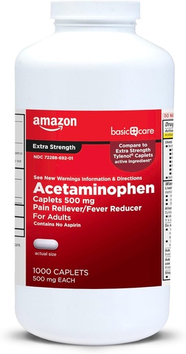 [BRSWYYI6AB4AM3LU]   Basic Care Extra Strength Pain Relief, Acetaminophen Caplets, 500 mg, 1000 Count (Packaging may vary)