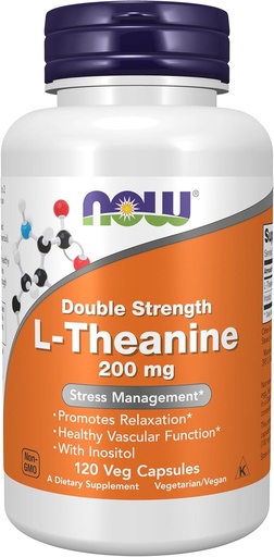 [BRSWIFIYCVYA2AI3] NOW Maisto papildai, L- Theanine 200 mg su Inositol, Stress Management *, 120 Veg Capsules