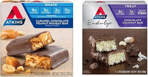 [BRSRAY33O56QKETU] Atkins Caramel Chocolate Peanut Nougat Snack Bar, 5 Count and Chocolate Coconut Bar, 5 Count Bundle