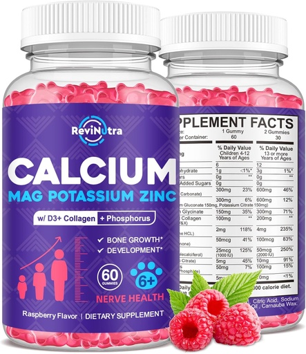 [BRSRAYYPCUDRQC3O] Calcium Potassium Magnesium Gummies for Kids & Adults, with Hydrolyzed Collagen, Zinc, Phosphorus, Multivitamin for Sleep, BoneStrength, Density Support, Sugar Free, Raspberry 60 Gummies