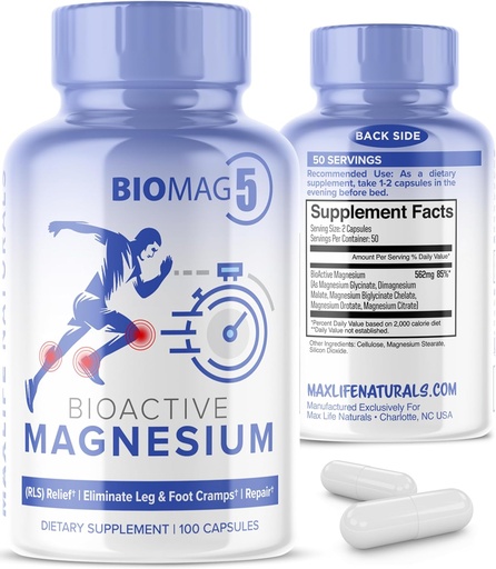 [BRSRAGL6B4MBA2DX] BioMag 5 Magnesium Complex Supplement for Women and Men, 100 Capsules - Formulated in USA - BioActive and BioAvailable Magnesium Glycinate Malate Citrate Orotate and Biglycinate Chelate Supplements